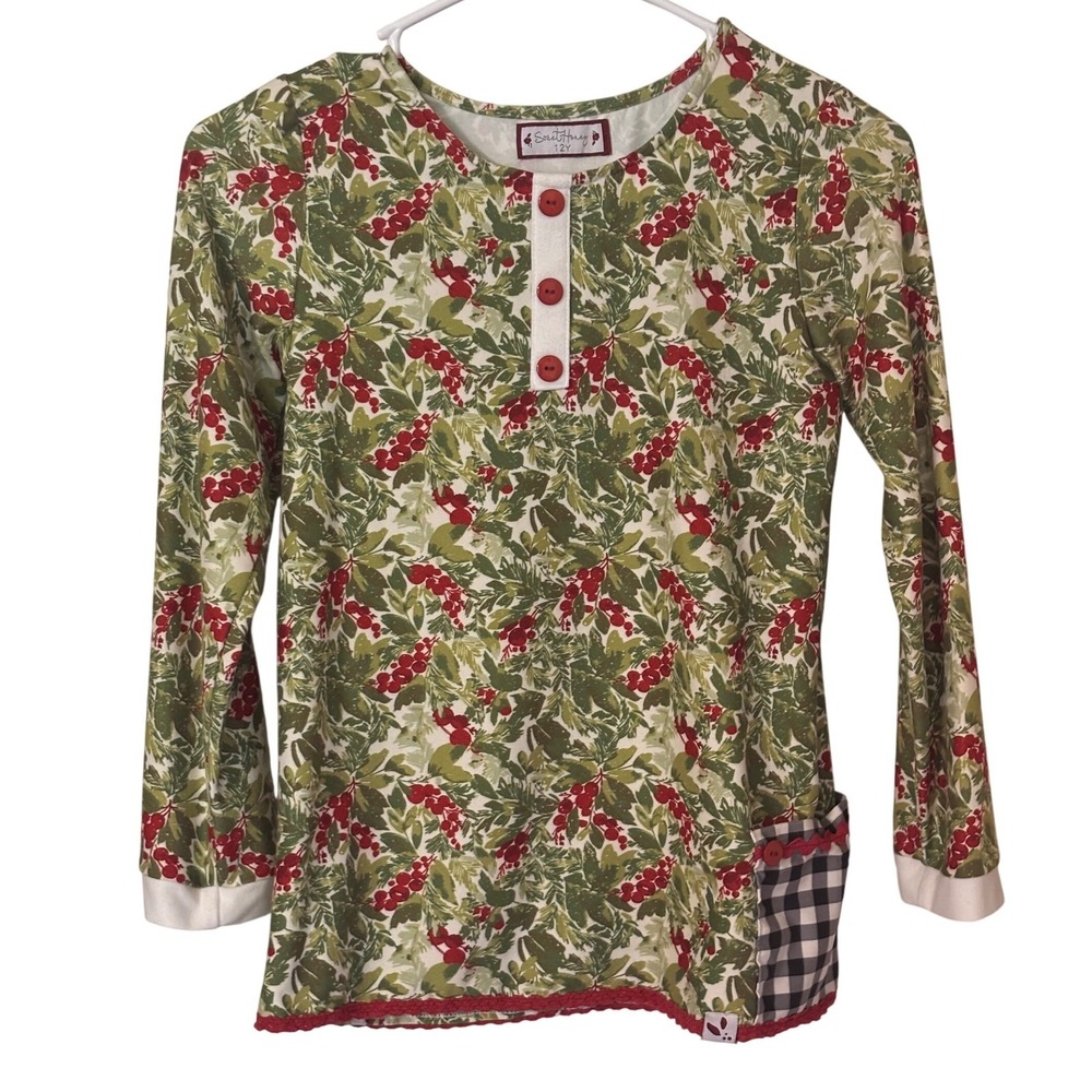 SweetHoney Girls Top Size 12 Red Green Floral Plaid Pocket Long Sleeve soft cozy
